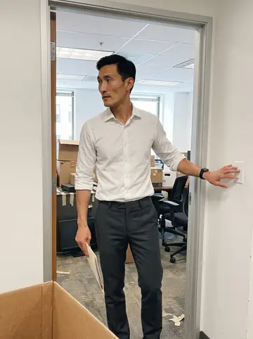 Alvin, AI character: a half-emptied tech office floor in downtown San Francisco, standing in the doorway of a small conference…