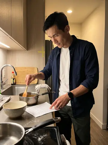 Alvin, AI character: his apartment kitchen at night, phone propped low on the counter while he cooks from his grandmother's…