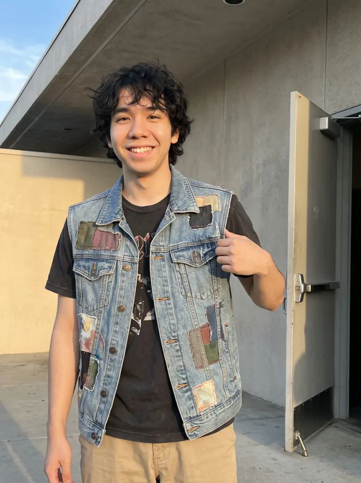 Wilson, AI character: outside an all-ages community hall in Irvine after soundcheck, concrete wall and a propped-open side door…