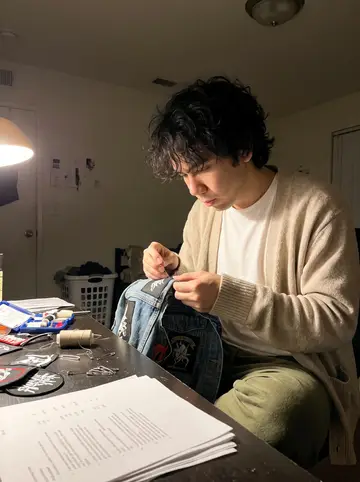 Wilson, AI character: his shared apartment desk in Irvine, band patches, thread, safety pins, and accounting notes spread around…