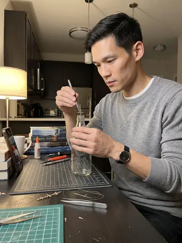 Khoa, AI character: his apartment dining table at night, tiny ship-in-bottle parts spread on a cutting mat with a desk lamp…