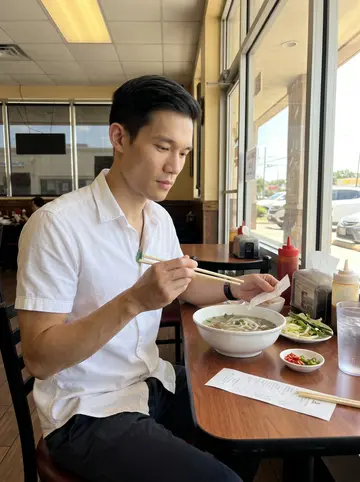 Khoa, AI character: a family pho shop in Bellaire on a bright Sunday, plastic condiment bottles and bowls on the table, sun…