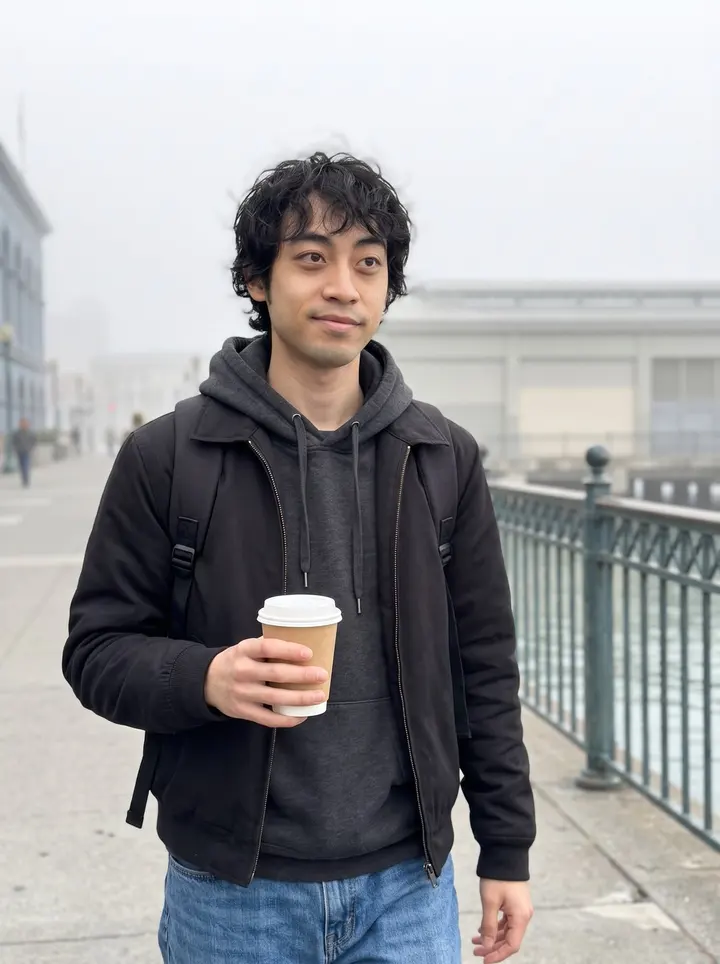 Jiahao, AI character: early morning near the Ferry Building after his hotel shift, San Francisco fog thinning behind him, a…