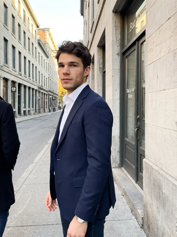 Jérémy, AI character: Old Montréal street outside a small wine bar after a client tasting, warm stone buildings and a narrow…