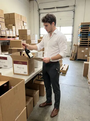 Jérémy, AI character: wine importer warehouse in Montréal, between stacked cardboard cases and a tasting table set up for…