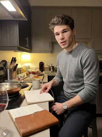 Jérémy, AI character: his Montréal apartment kitchen, copper pan on the stove, grandmother Odette's worn leather recipe notebook…