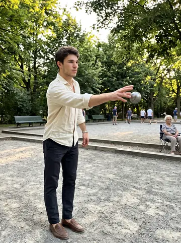Jérémy, AI character: pétanque court in Parc La Fontaine on a Sunday afternoon, his grandmother seated on a folding chair as…