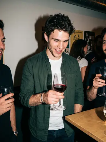 Jérémy, AI character: crowded little Montréal wine bar after work, friends cropped around him at a small standing table
