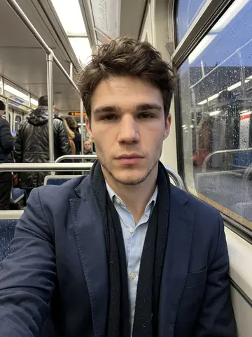 Jérémy, AI character: Montréal metro window seat after a long sales day, wet coats and blurred platform lights reflected in the…