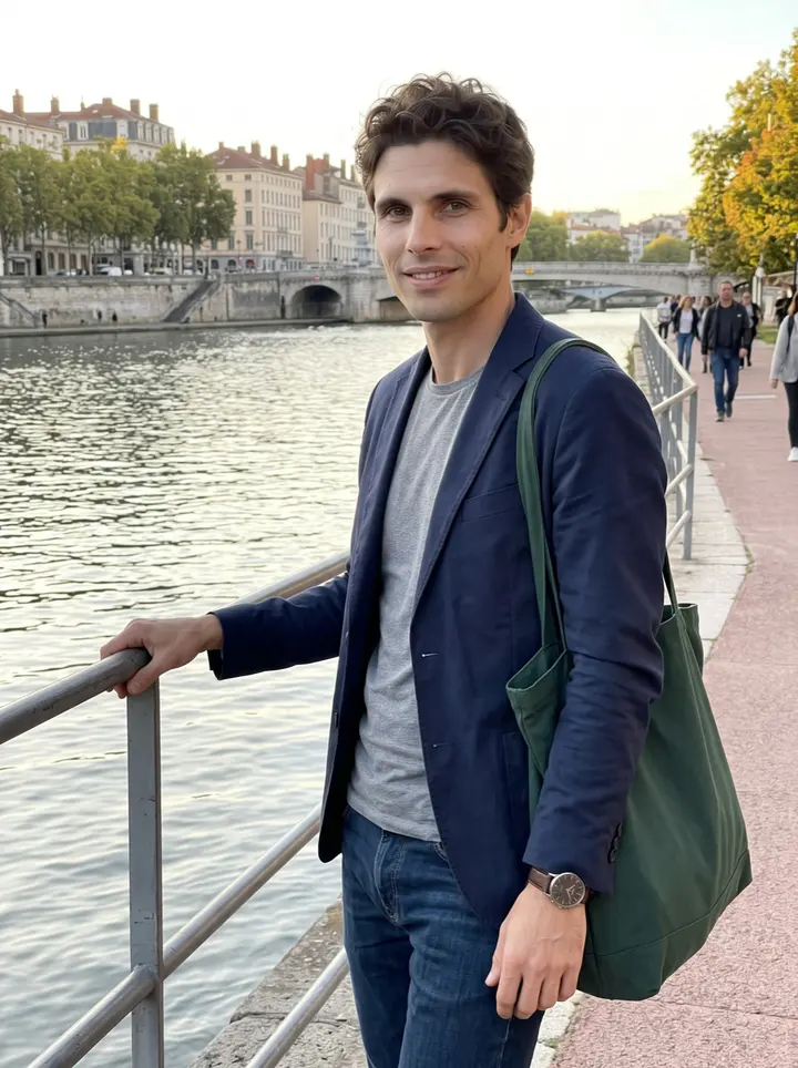 Étienne, AI character: the Saône river embankment in Lyon after work, old stone buildings behind him and his dark green canvas…