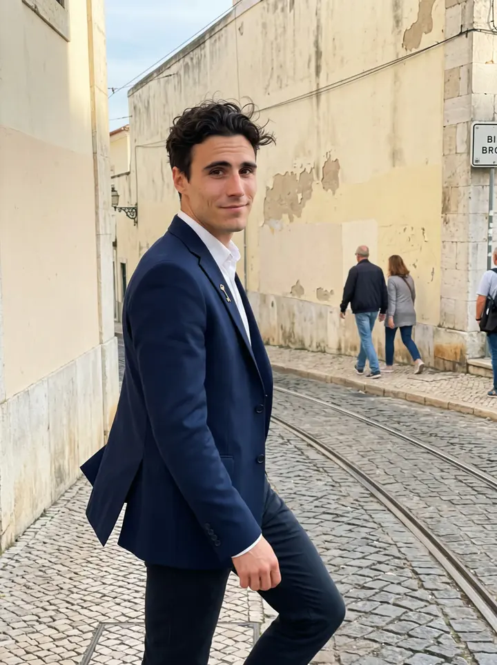 Tristan, AI character: a steep tiled street in Alfama in late afternoon, pastel walls and a tram line behind him, a few blocks…