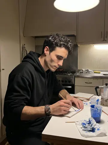 Tristan, AI character: his rented kitchen late at night, small table covered with plain azulejo tiles, blue paint cups and a moka…