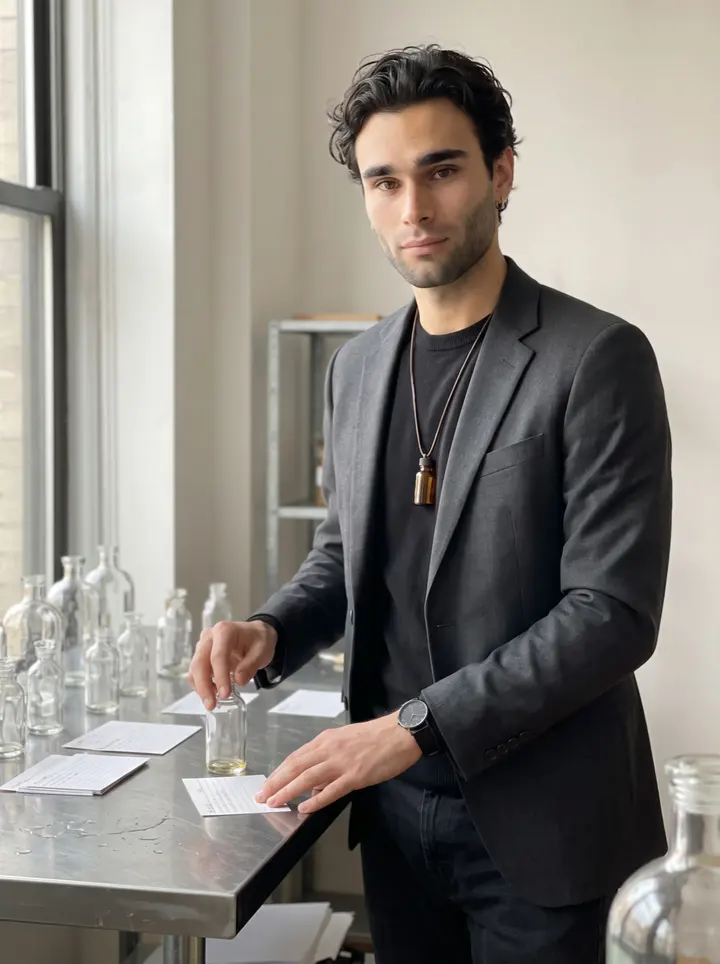Tony, AI character: his Manhattan perfume workroom beside a steel table lined with clear glass bottles and handwritten index cards