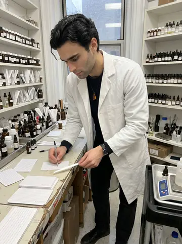 Tony, AI character: the back room of his small perfume lab in Manhattan, shelves of sample bottles and blotter strips behind him
