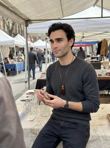 Tony, AI character: an outdoor flea market table in Brooklyn with empty antique perfume bottles arranged on a faded cloth