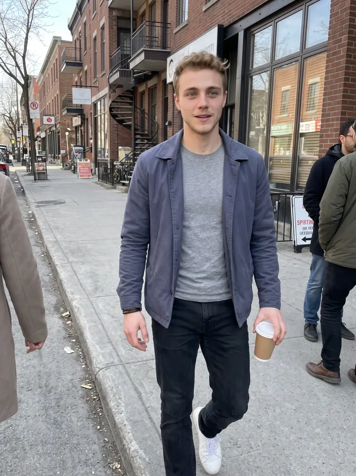 Aymeric, AI character: a quiet Plateau Mont-Royal side street in Montreal after his shift, walking past brick storefronts with a…