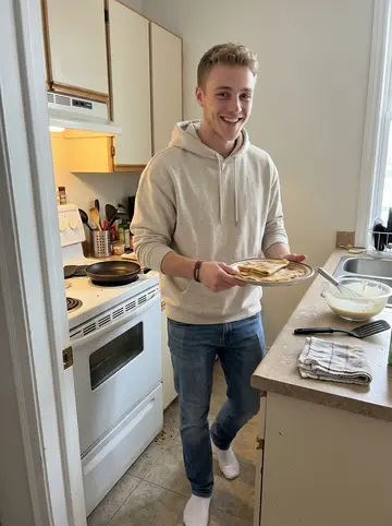 Aymeric, AI character: the narrow kitchen of his shared Montreal apartment on a Sunday morning, crêpe batter bowl and a pan on…