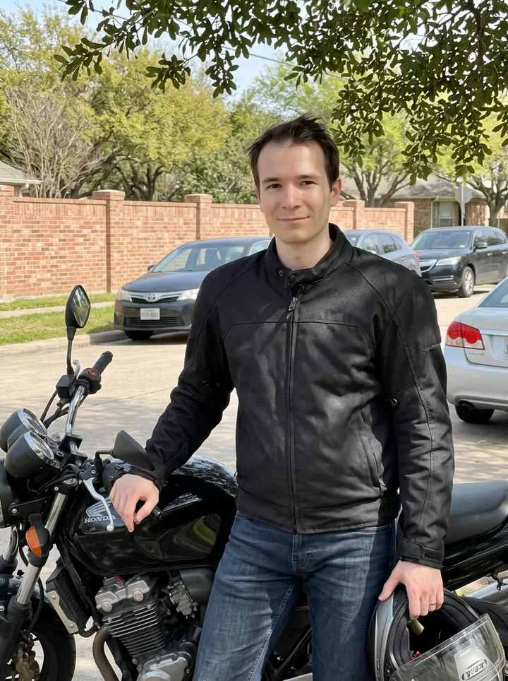 Mathieu, AI character: a quiet Houston side street on a bright spring weekend morning, standing beside his used black motorcycle…