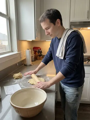 Mathieu, AI character: his Houston apartment kitchen on an overcast autumn afternoon, walnut tart dough on the counter and a…