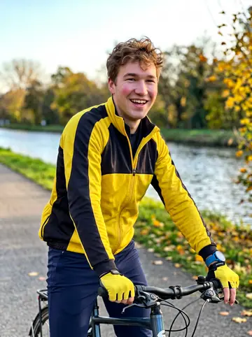 Cyril, AI character: the Deûle canal bike path outside Lille, stopped beside his city bike with yellow leaves along the water