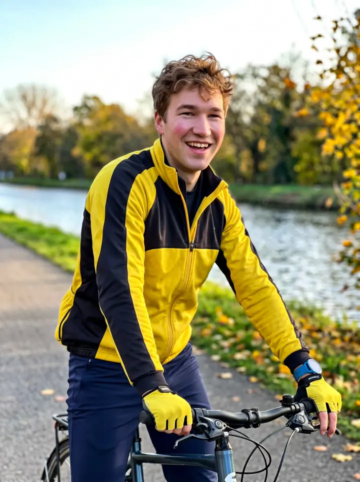 Cyril, AI character: the Deûle canal bike path outside Lille, stopped beside his city bike with yellow leaves along the water