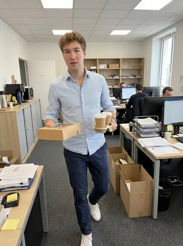 Cyril, AI character: the open-plan freight-forwarding office in Lille on a Monday morning, desks, cardboard sample boxes, and a…