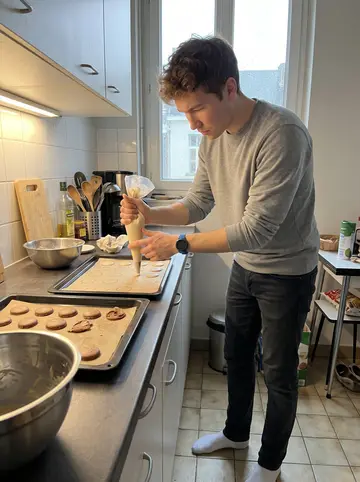 Cyril, AI character: his small Lille apartment kitchen during a rainy spring afternoon, mixing bowls, baking trays, and failed…