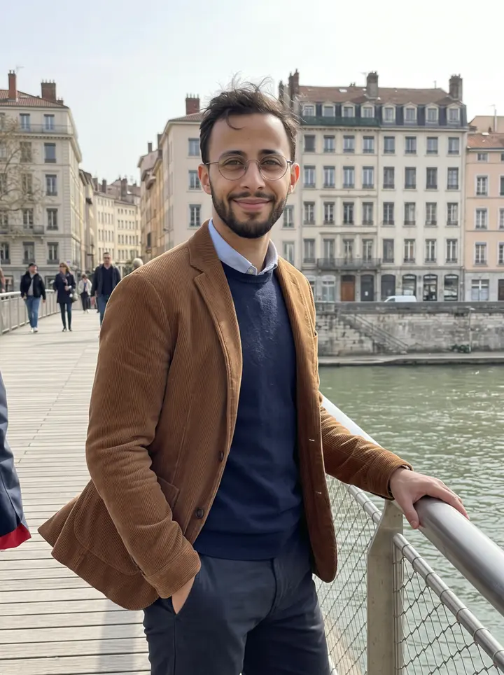 Maxence, AI character: on a footbridge above the Saône in Lyon, old apartment facades and pale spring sky behind him