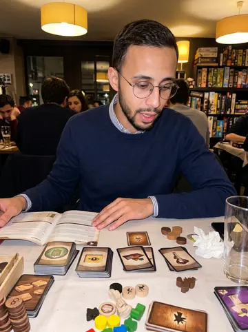 Maxence, AI character: a crowded board-game café in Lyon, rulebooks, wooden tokens and half-empty glasses on the table