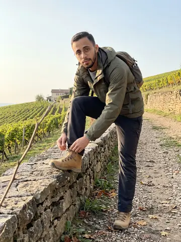 Maxence, AI character: a dirt trail above the Beaujolais hills, vineyard rows dropping away behind him