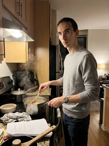 Benoît, AI character: his Chicago apartment kitchen late at night, risotto pot on the stove and a stack of work papers on the…