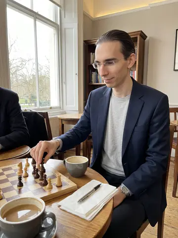 Benoît, AI character: a quiet coffee shop in Hyde Park, chessboard between him and an older professor just outside the crop