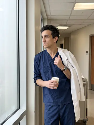 Walid, AI character: outside a university pool entrance at dawn, damp pavement and pale fog over the parking lot
