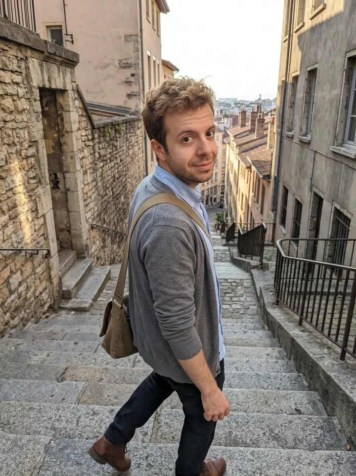 Baptiste, AI character: the upper Croix-Rousse slopes in Lyon on an early autumn morning, stone steps and pale city roofs behind him