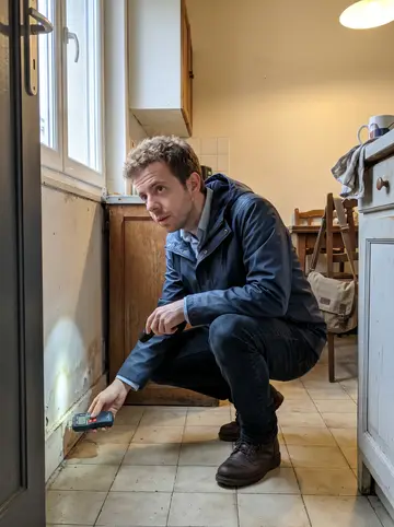 Baptiste, AI character: a water-damaged kitchen in an older Lyon apartment during a rainy spring afternoon