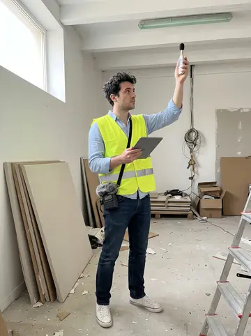 Titouan, AI character: inside an unfinished rehearsal room near La Plaine in Marseille, acoustic panels stacked along one wall