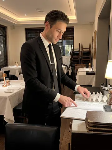 Antonin, AI character: inside the dining room between services, white tablecloths, brass lamps, and a narrow service aisle visible
