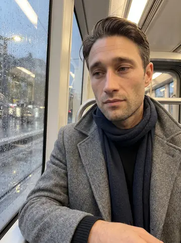 Antonin, AI character: on a tram crossing Lyon at dusk, wet glass and blurred streetlights outside the window