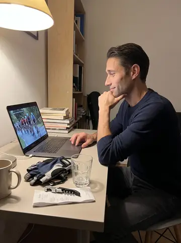 Antonin, AI character: his small apartment desk late at night, an old road cycling race paused on a laptop, cycling gloves and a…