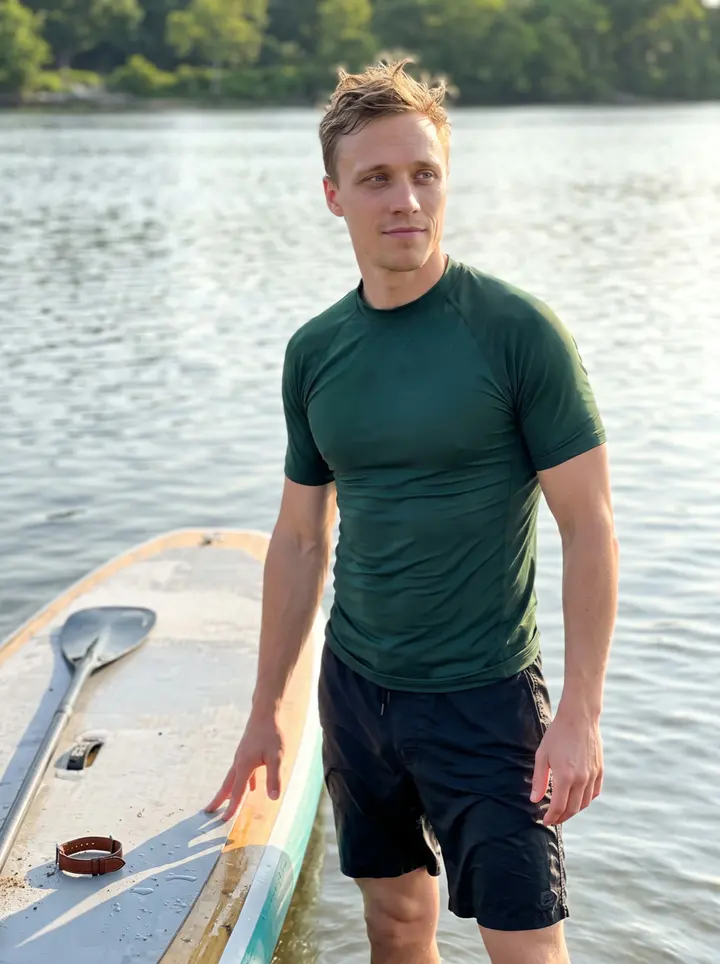 Darren, AI character: the Neponset River at early golden light, standing beside a paddleboard in shallow water near the…