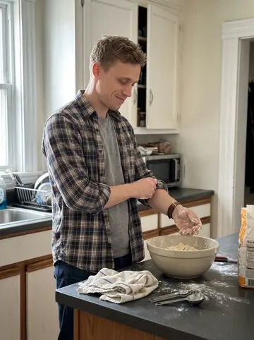 Darren, AI character: his second-floor Dorchester triple-decker kitchen on a Saturday morning, mixing bowl and soda bread dough…