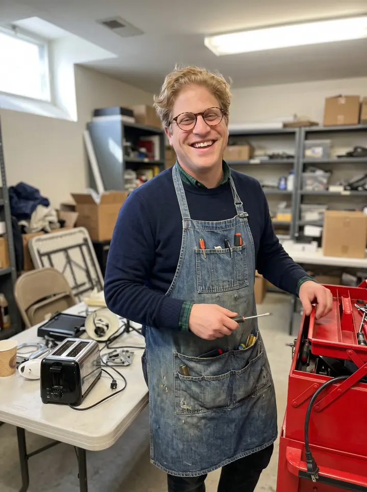Ciarán, AI character: the library basement repair café in Chicago on a Saturday afternoon, standing beside the folding repair…