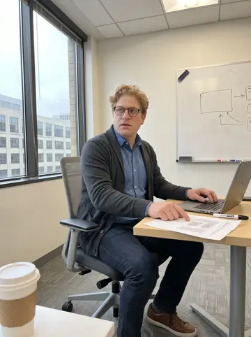 Ciarán, AI character: a quiet Chicago tech office break area near a whiteboard covered with system diagrams