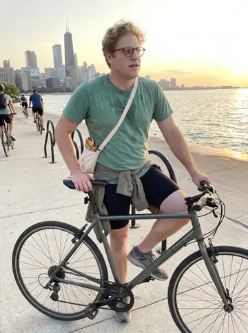 Ciarán, AI character: the Chicago lakefront trail near the water after a long ride, skyline far behind him