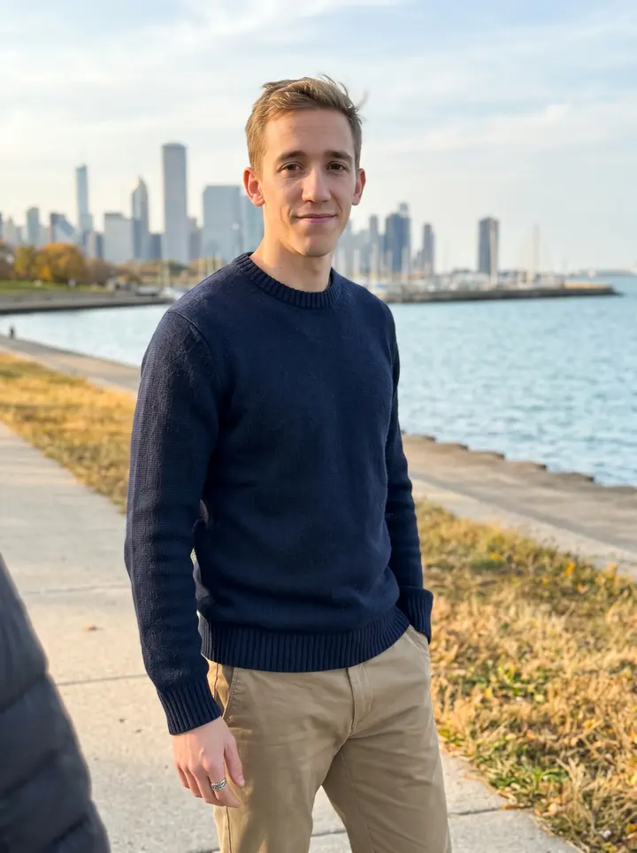 Colm, AI character: the Chicago lakefront path near Montrose Harbor in late afternoon, wind coming off Lake Michigan