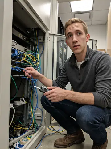 Colm, AI character: a small network closet in a Chicago office after hours, server rack doors open and colored ethernet cables…