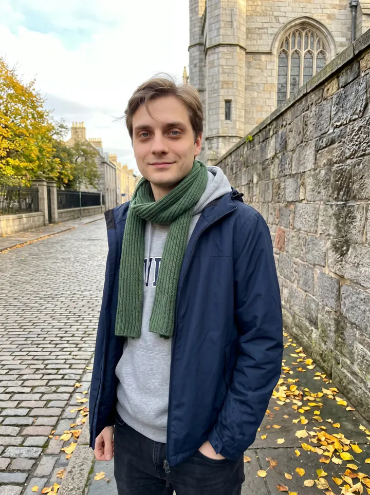 Alistair, AI character: Old Aberdeen cobblestone path near King's College at late afternoon, damp stone walls and yellow leaves…