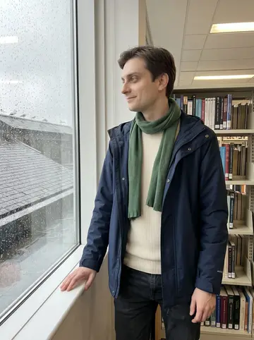 Alistair, AI character: upper floor of the university library by a rain-streaked window, looking out toward gulls and small birds…