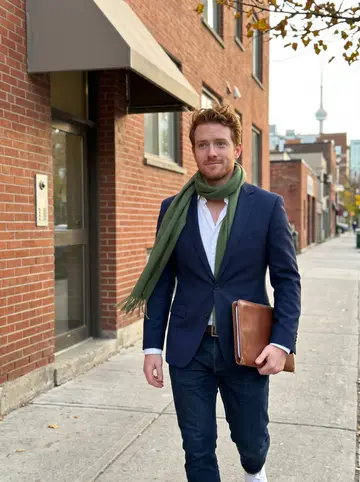 Enda, AI character: a tree-lined Toronto street outside a red-brick apartment building after a flat viewing, with the CN Tower…