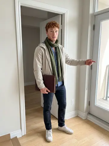 Enda, AI character: inside the doorway of a bright but empty Toronto rental flat with pale wood floors and a balcony door…